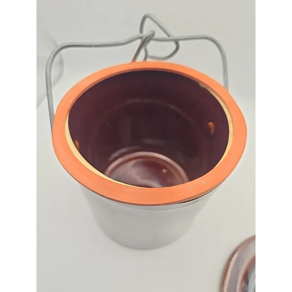 Vintage Small Glazed Butter Cheese Crock w/ Locking Bale Wire Lid Brown‎ Color